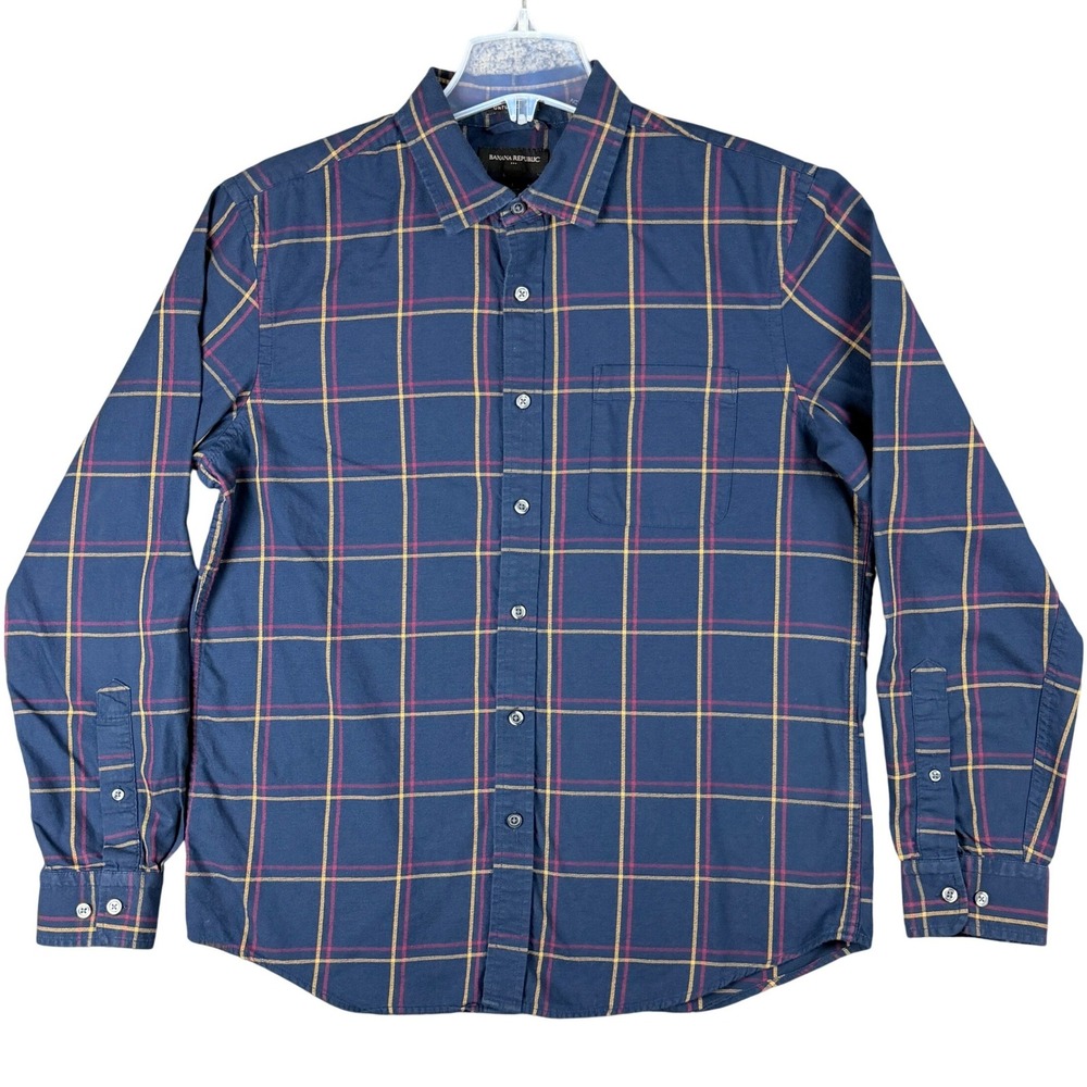 Banana Republic Mens L Navy Blue Slim Untuck Plaid Button Down Shirt Casual Work